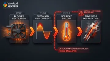 SCR thermal degradation process showing heat buildup and thyristor failure stages
