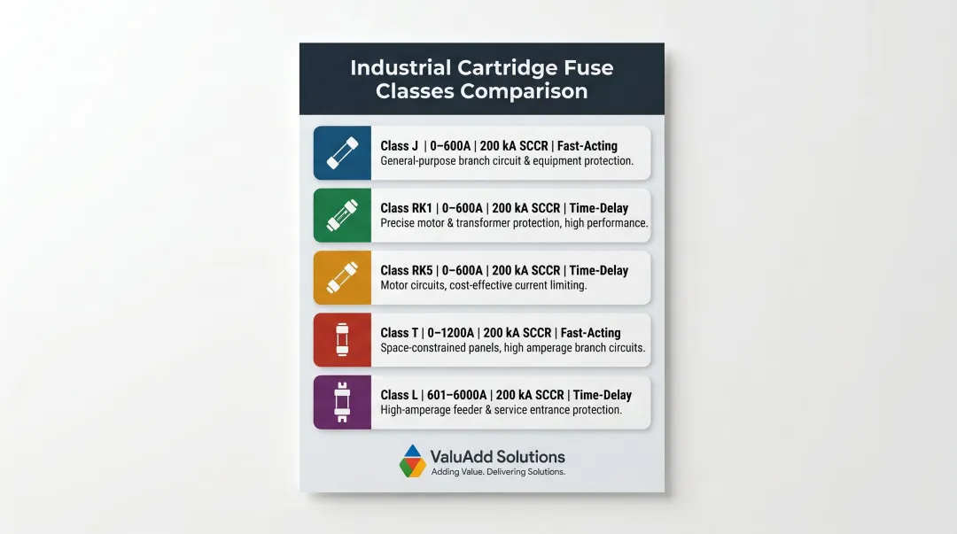Five industrial fuse classes comparison chart with amperage and kA ratings