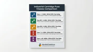 Five industrial fuse classes comparison chart with amperage and kA ratings