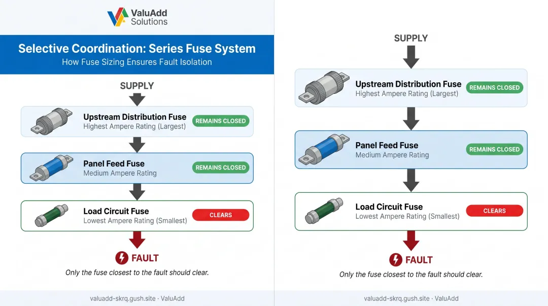 Selective fuse coordination diagram showing series fuses clearing closest fault only