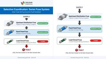 Selective fuse coordination diagram showing series fuses clearing closest fault only