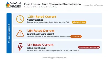 Fuse inverse-time response curve showing three overcurrent levels and clearing times