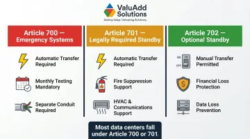 NEC Article 700 701 702 data center transfer switch requirements comparison chart