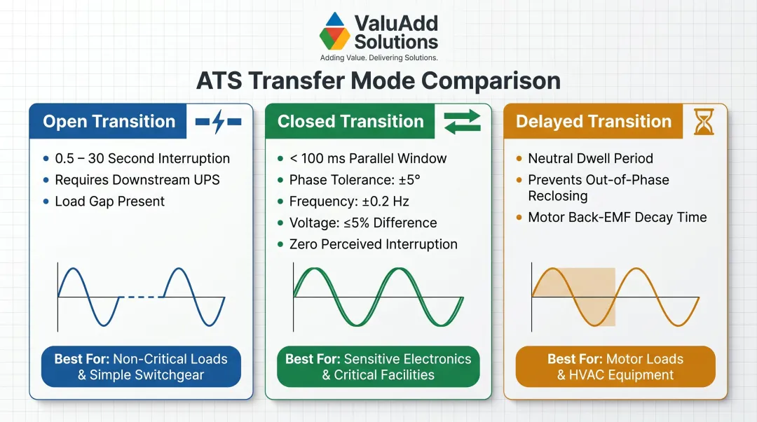 Three ATS transition modes comparison open closed and delayed transfer