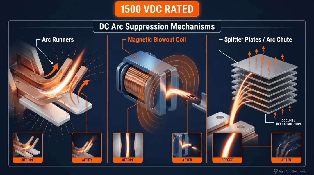 DC arc suppression mechanism components arc runners magnetic blowout and splitter plates diagram