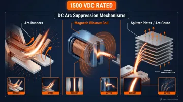 DC arc suppression mechanism components arc runners magnetic blowout and splitter plates diagram