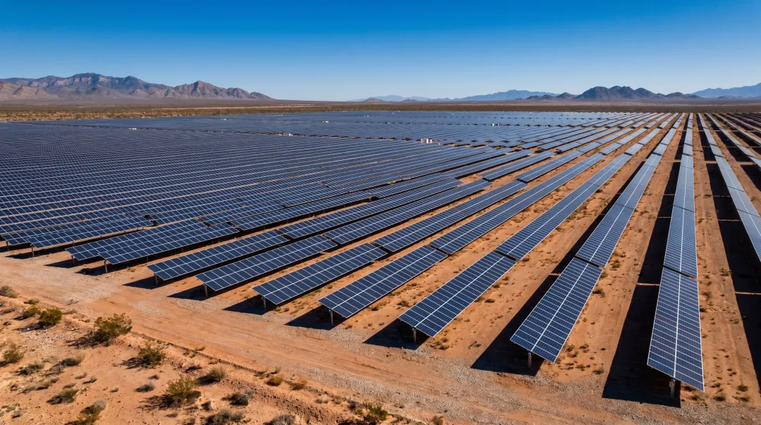 Large utility-scale solar farm aerial view with ground-mount panel rows in remote desert landscape