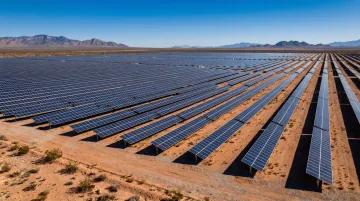Large utility-scale solar farm aerial view with ground-mount panel rows in remote desert landscape
