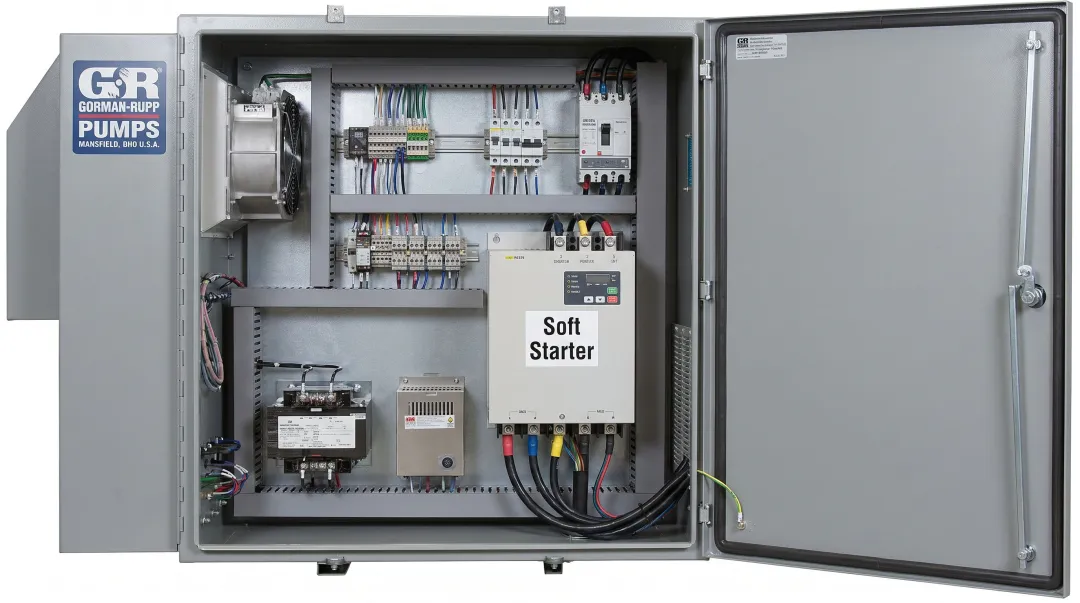 Industrial soft starter installed in motor control cabinet at water treatment facility