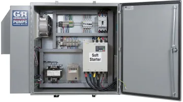 Industrial soft starter installed in motor control cabinet at water treatment facility