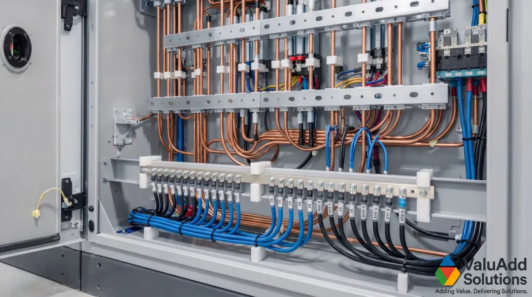 Industrial electrical panel with labeled neutral bus bar terminations and organized wiring