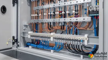 Industrial electrical panel with labeled neutral bus bar terminations and organized wiring