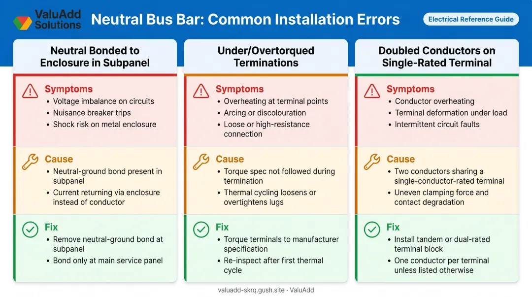 Three common neutral bus bar installation errors causes symptoms and fixes