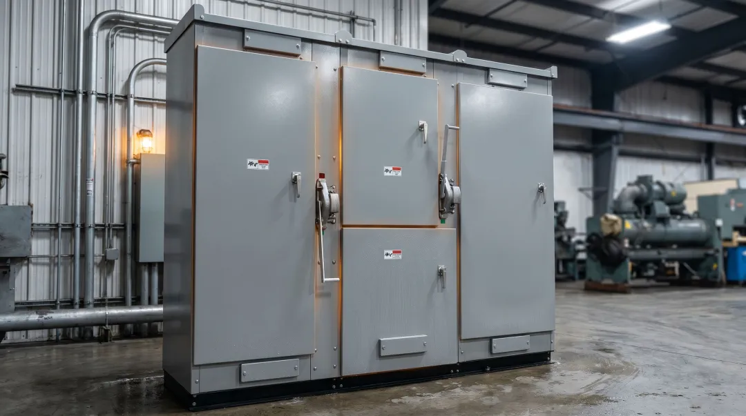 NEMA Type 4X enclosed industrial switchgear panel in manufacturing facility