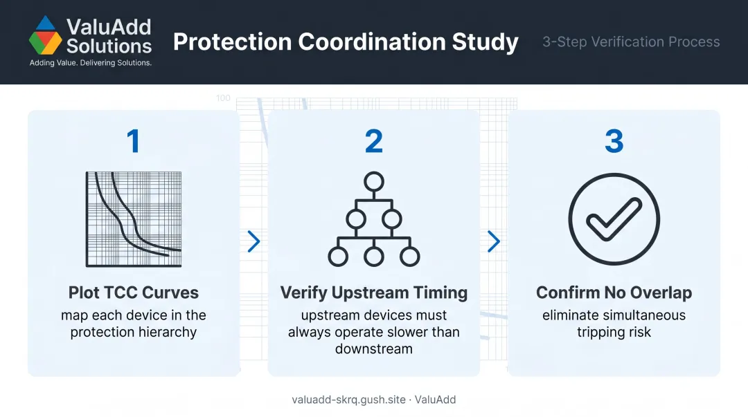 Three-step time-current curve coordination study process for industrial circuit protection