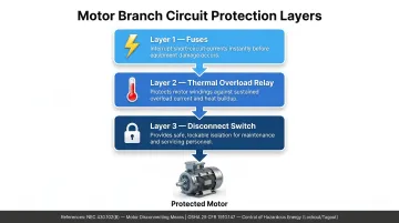 Motor branch circuit protection hierarchy fuses overload relay and disconnect switch roles
