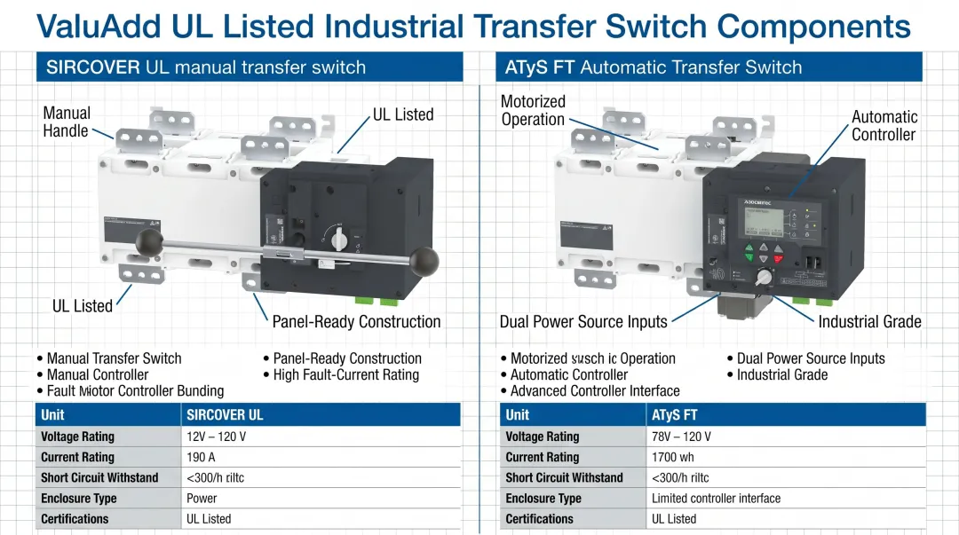ValuAdd SIRCOVER UL manual transfer switch and ATyS FT automatic transfer switch units