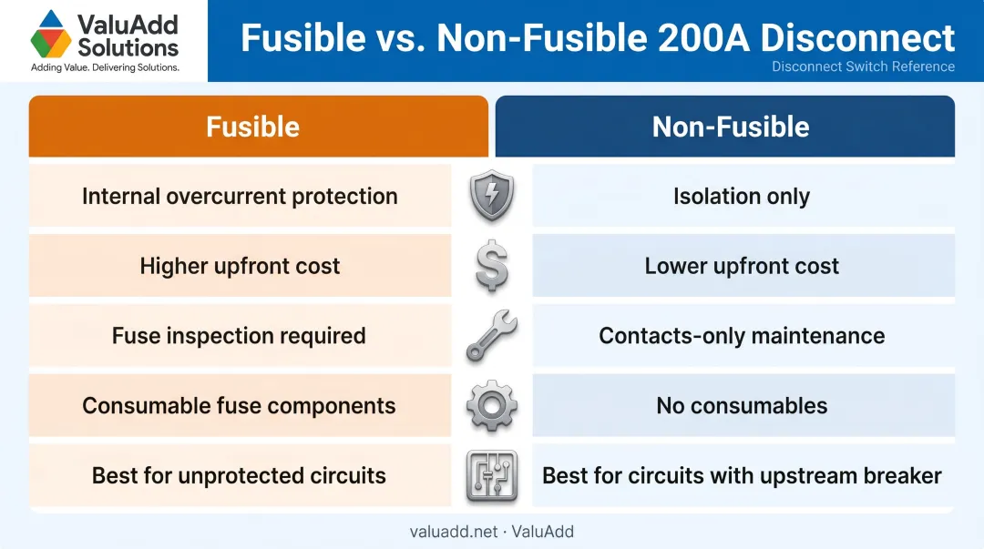 Fusible versus non-fusible 200 amp disconnect switch comparison chart