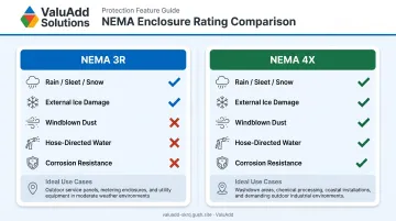 NEMA 3R versus NEMA 4X enclosure rating side-by-side comparison infographic