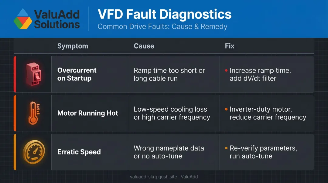 Three common VFD installation faults causes and fixes diagnostic infographic