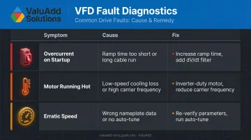 Three common VFD installation faults causes and fixes diagnostic infographic