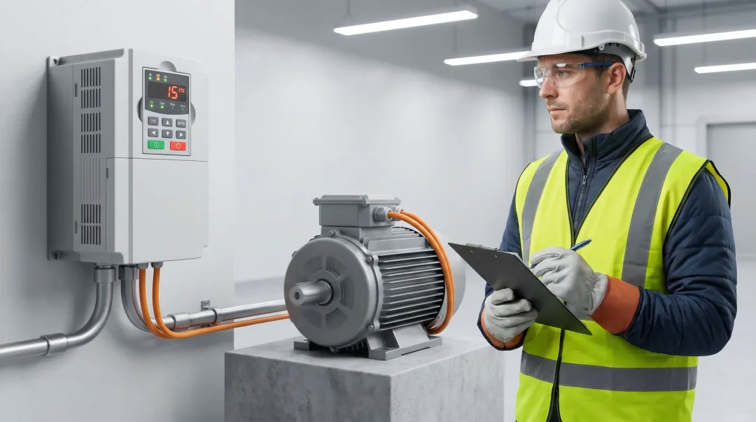 Technician performing no-load motor test run with VFD panel during commissioning