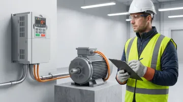 Technician performing no-load motor test run with VFD panel during commissioning