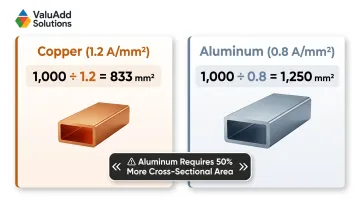Copper versus aluminum busbar sizing calculation comparison showing area requirements