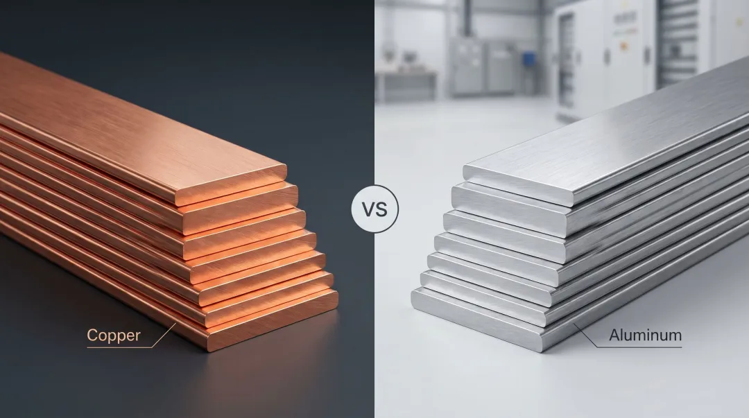 Copper and aluminum industrial busbars side by side showing size and profile differences