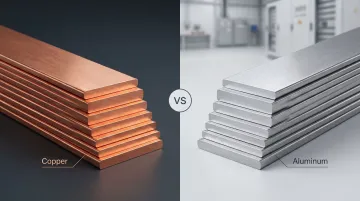 Copper and aluminum industrial busbars side by side showing size and profile differences