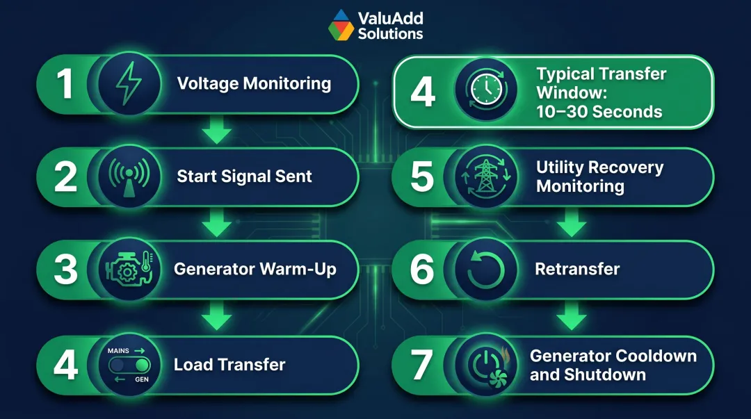 7-step automatic transfer switch operational sequence from outage detection to generator shutdown