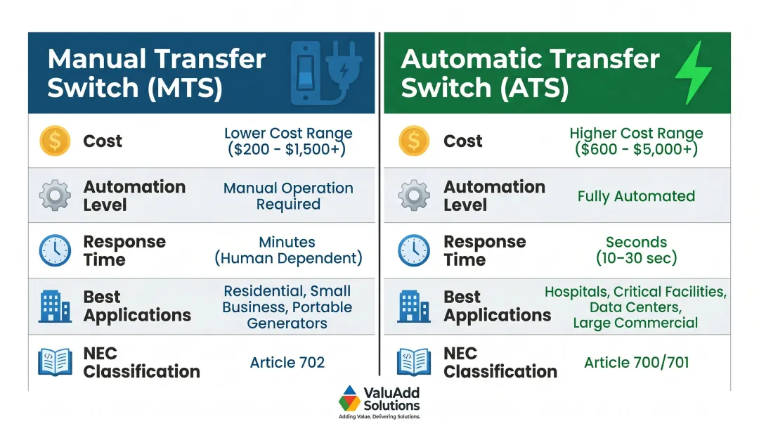 Manual versus automatic transfer switch feature comparison chart for industrial facilities