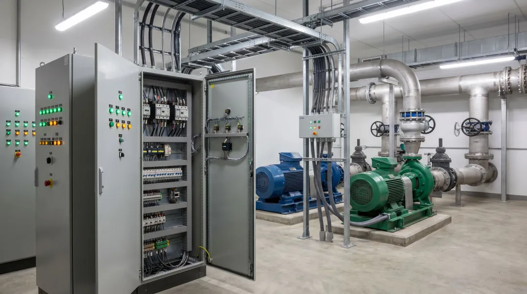 Industrial pump station motor control panel with soft starter equipment in water treatment facility