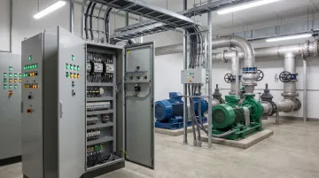 Industrial pump station motor control panel with soft starter equipment in water treatment facility