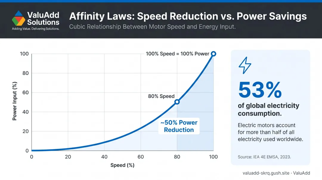 Affinity law pump speed versus power reduction energy savings comparison infographic