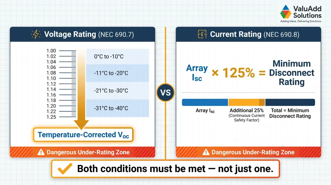 NEC 690 solar DC disconnect voltage and current sizing requirements infographic