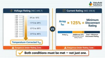 NEC 690 solar DC disconnect voltage and current sizing requirements infographic