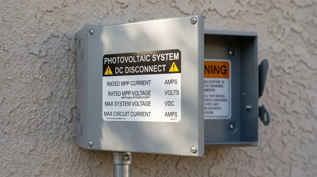 UV-resistant outdoor electrical enclosure labels on solar disconnect switch panel