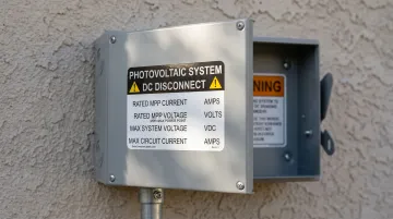 UV-resistant outdoor electrical enclosure labels on solar disconnect switch panel