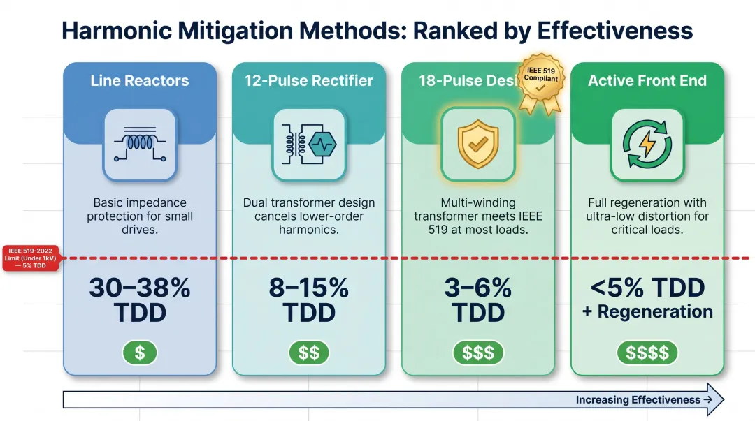 VFD harmonic mitigation methods comparison showing TDD levels and cost trade-offs