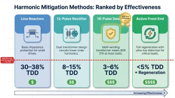 VFD harmonic mitigation methods comparison showing TDD levels and cost trade-offs