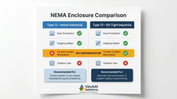 NEMA Type 12 versus Type 13 enclosure feature comparison side-by-side chart