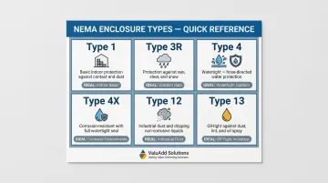 Six NEMA enclosure types overview comparing protection levels and environments