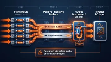 Solar combiner box internal current path flow from string inputs to inverter output
