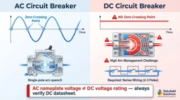 DC versus AC arc interruption comparison showing pole series wiring for MCCB voltage rating