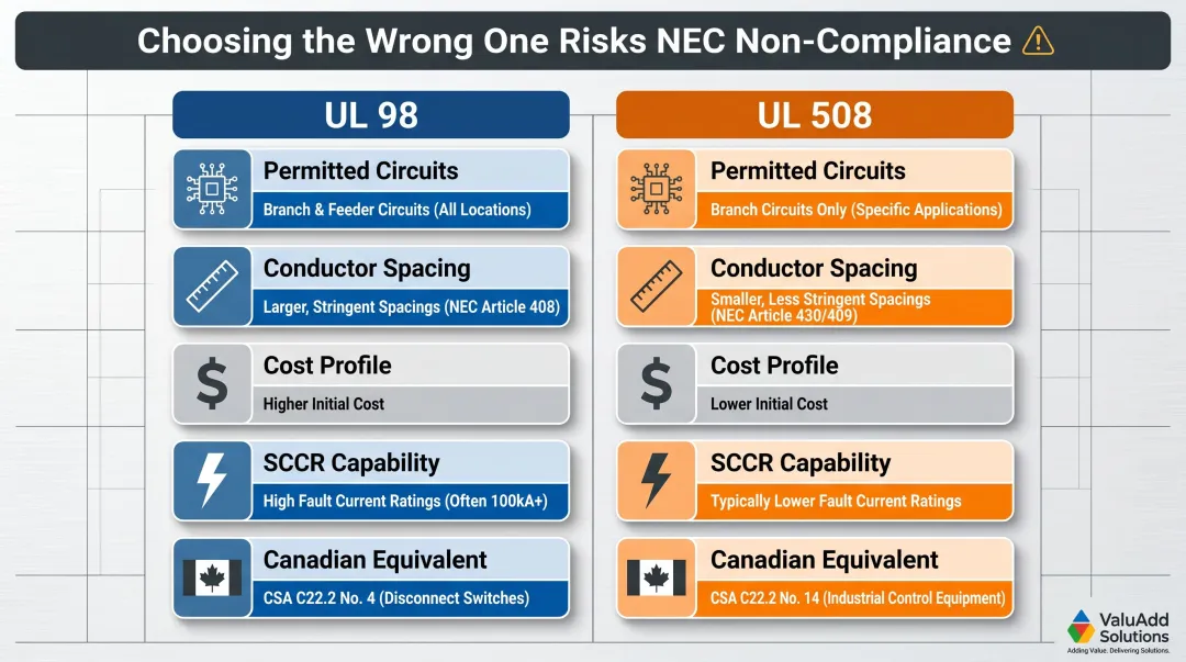 UL 98 versus UL 508 disconnect switch side-by-side comparison infographic