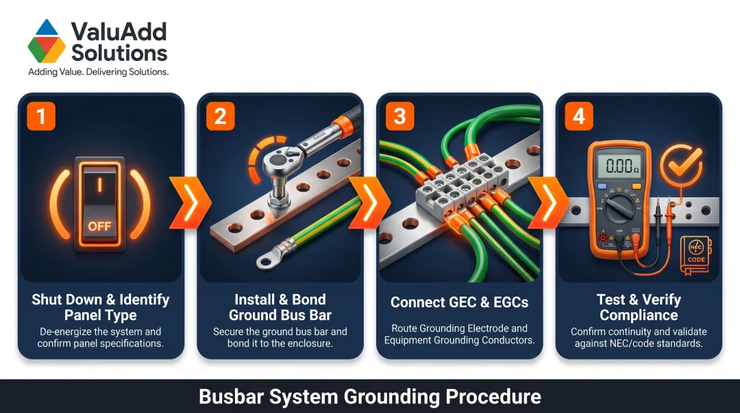 Four-step busbar grounding installation process flow from shutdown to compliance verification