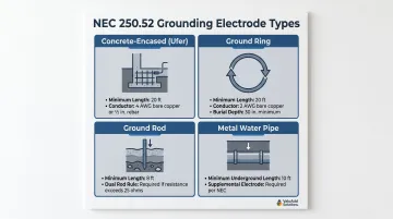 Four NEC-recognized grounding electrode types with installation specifications comparison
