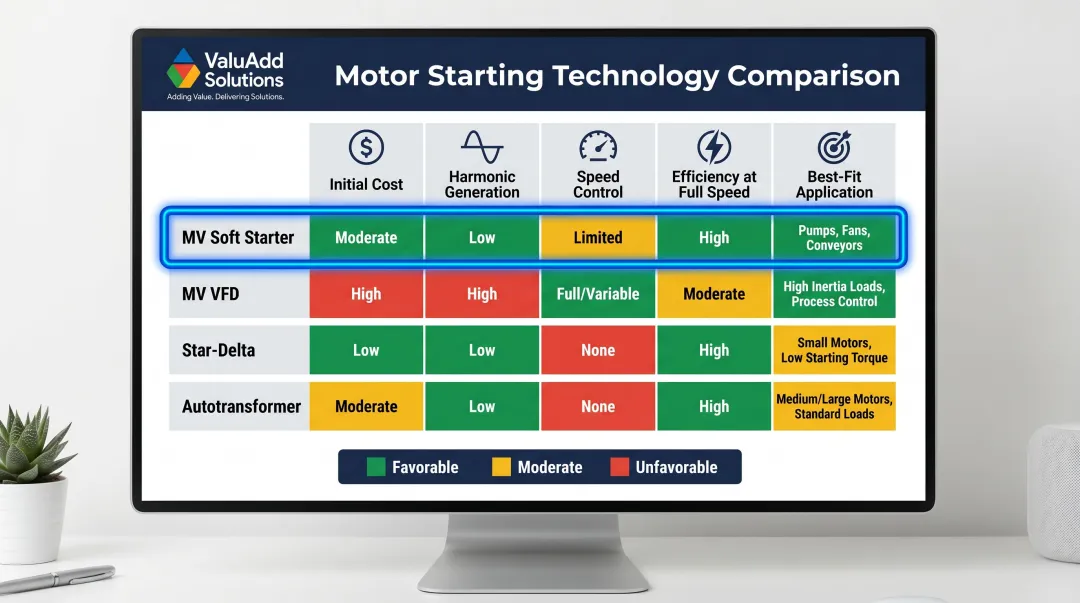 Motor starting technology comparison chart soft starter VFD star-delta autotransformer