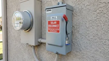 AC solar disconnect switch mounted on exterior wall near utility meter with solar disconnect label